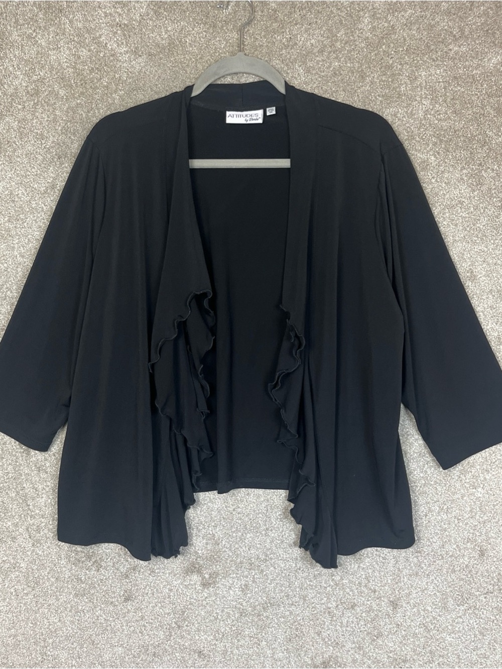 Attitudes by Renee Cardigan Womens 1X Black Ruffle Stretch 3/4 Sleeve- 5189